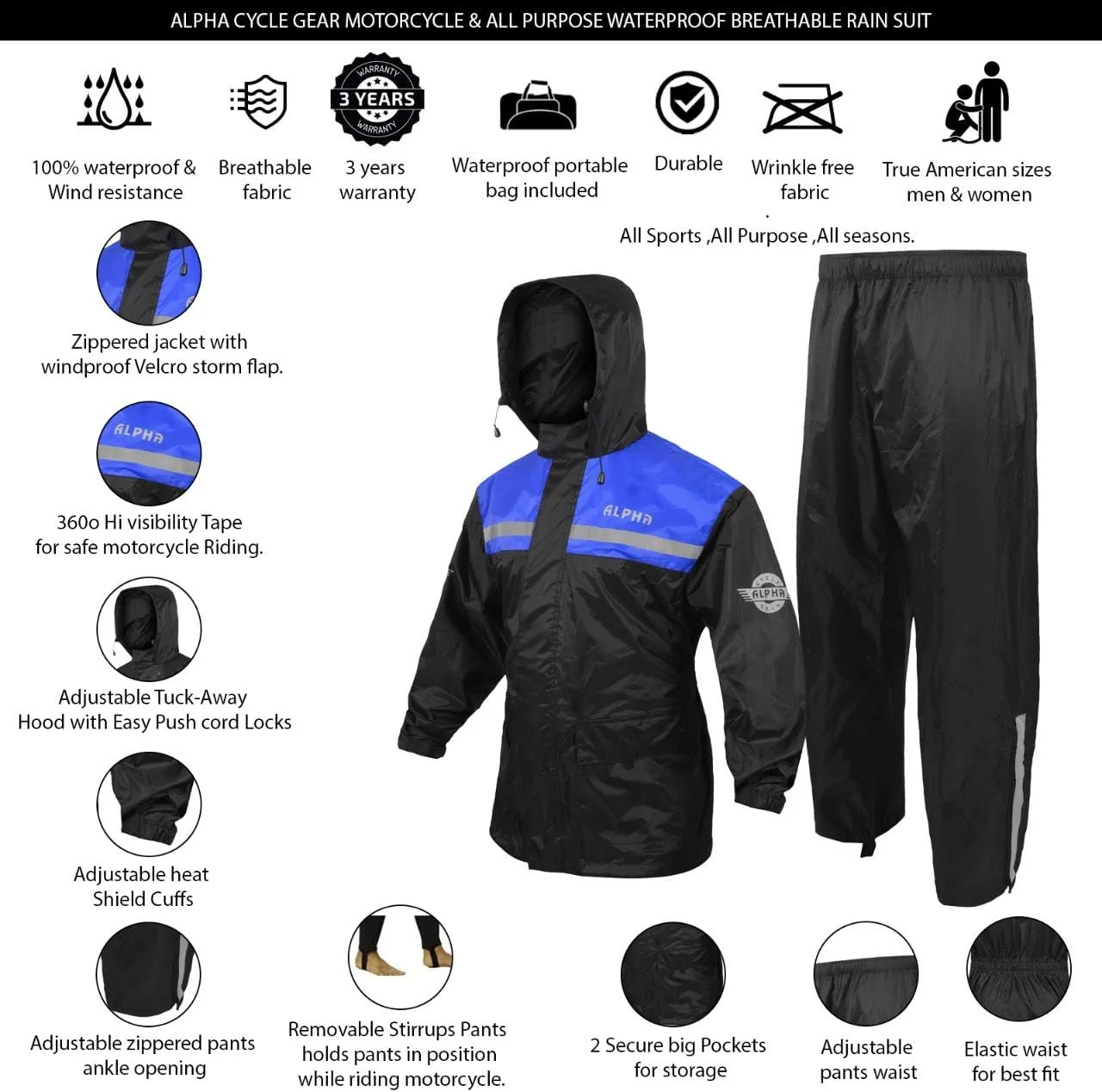 ALPHA CYCLE GEAR Rain Suit for Men & Women Jackets Pant Gear Reflective Rainsuit Waterproof (BLUE, MEDIUM)
