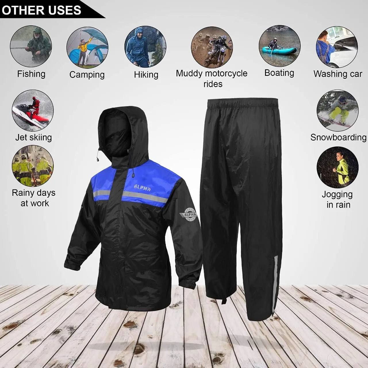 ALPHA CYCLE GEAR Rain Suit for Men & Women Jackets Pant Gear Reflective Rainsuit Waterproof (BLUE, MEDIUM)