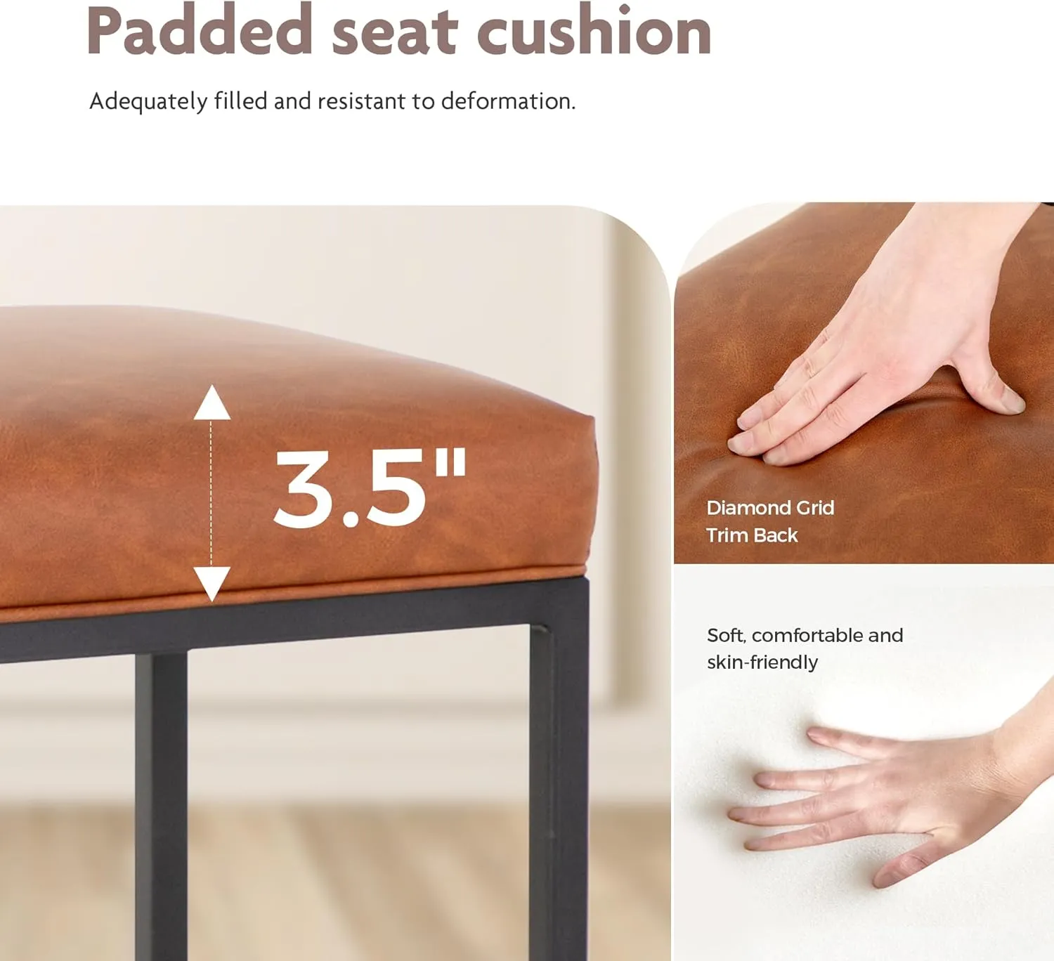 ALPHA HOME 24 Inch Counter Height Bar Stools Set of 2, Upholstered Bar Stools for Kitchen Island, Counter Stools with Faux Leather Cushion and Sturdy Metal Frame, Modern Barstools, Caramel
