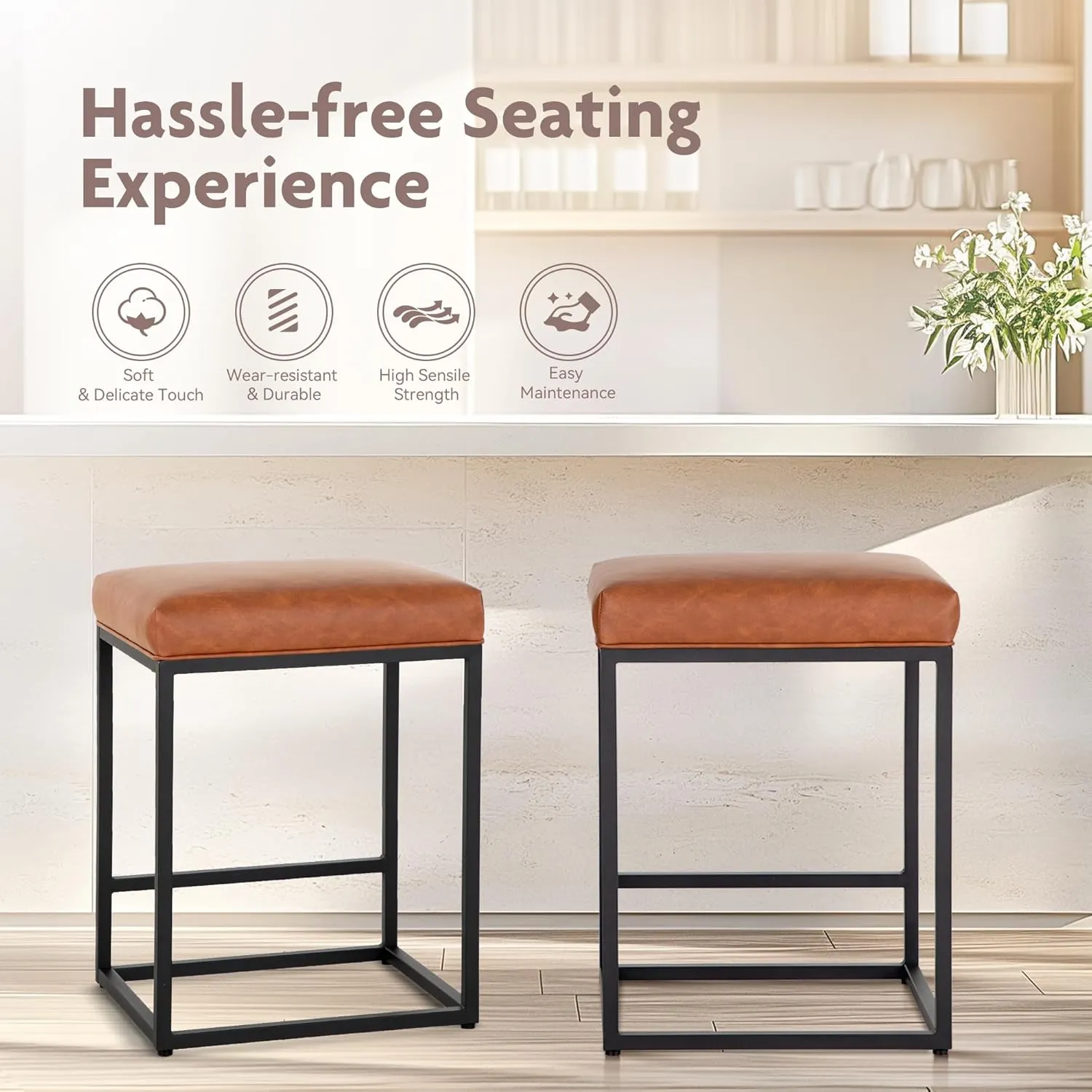 ALPHA HOME 24 Inch Counter Height Bar Stools Set of 2, Upholstered Bar Stools for Kitchen Island, Counter Stools with Faux Leather Cushion and Sturdy Metal Frame, Modern Barstools, Caramel