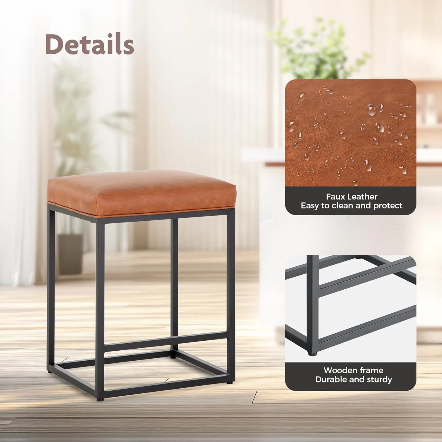 ALPHA HOME 24 Inch Counter Height Bar Stools Set of 2, Upholstered Bar Stools for Kitchen Island, Counter Stools with Faux Leather Cushion and Sturdy Metal Frame, Modern Barstools, Caramel