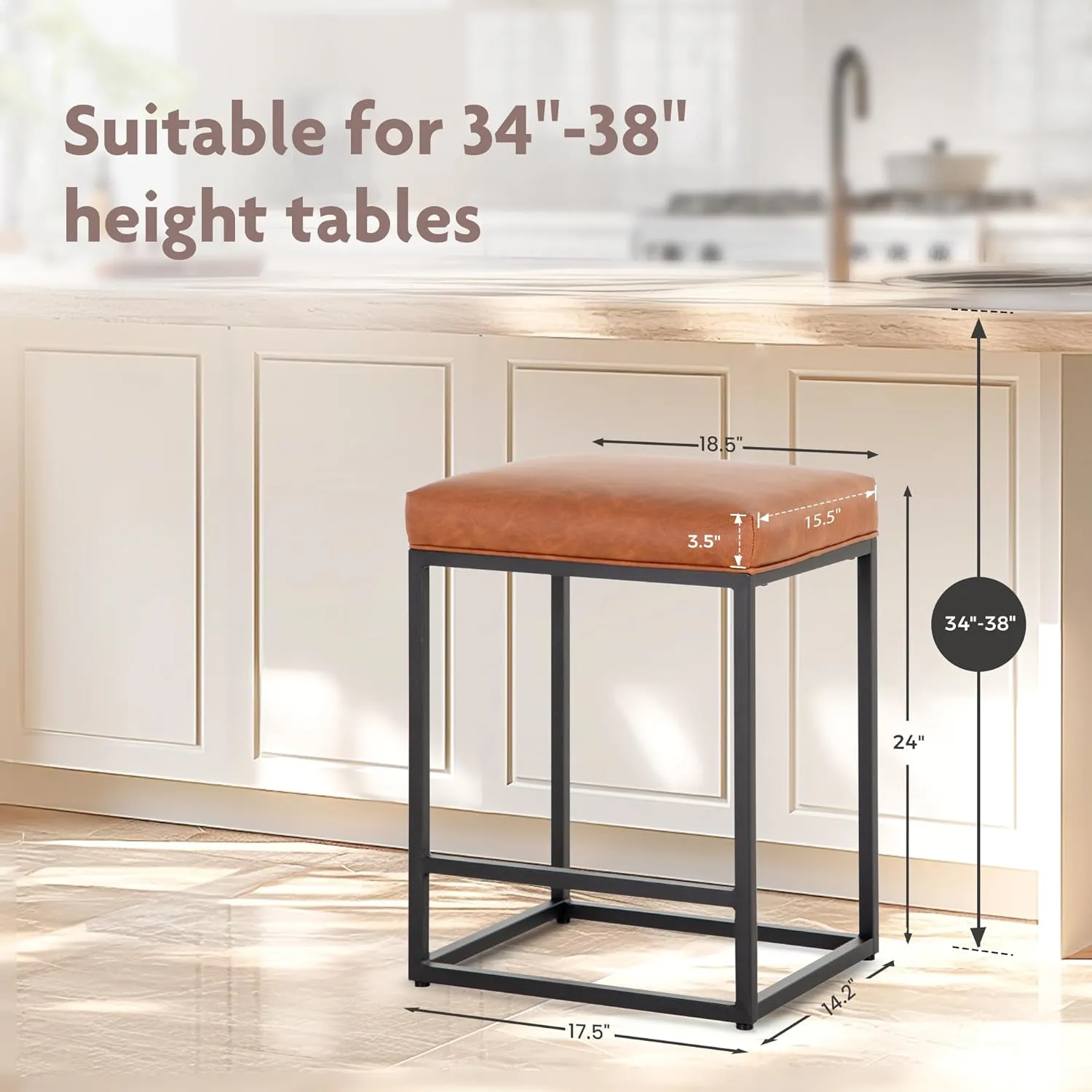 ALPHA HOME 24 Inch Counter Height Bar Stools Set of 2, Upholstered Bar Stools for Kitchen Island, Counter Stools with Faux Leather Cushion and Sturdy Metal Frame, Modern Barstools, Caramel