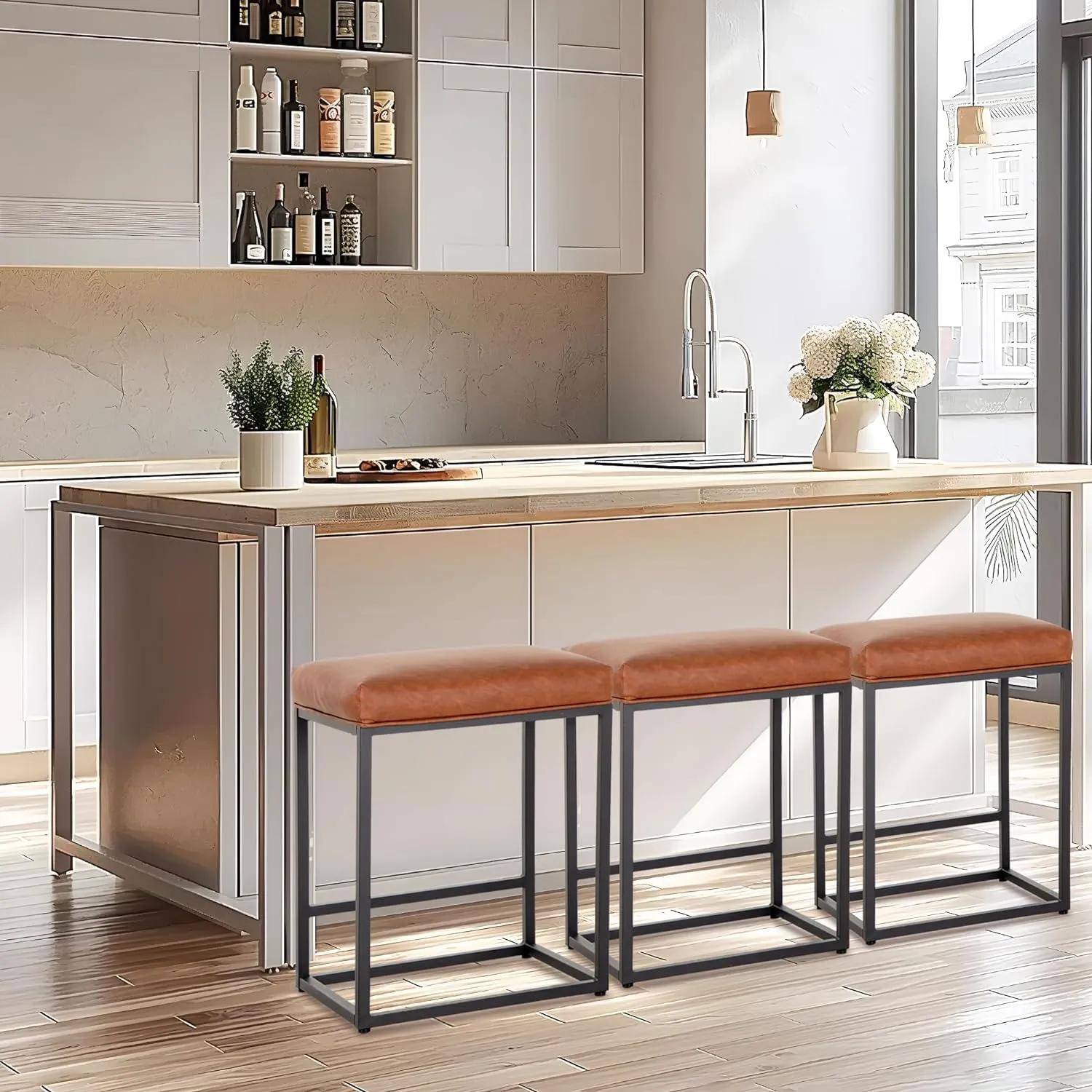 ALPHA HOME 24 Inch Counter Height Bar Stools Set of 2, Upholstered Bar Stools for Kitchen Island, Counter Stools with Faux Leather Cushion and Sturdy Metal Frame, Modern Barstools, Caramel