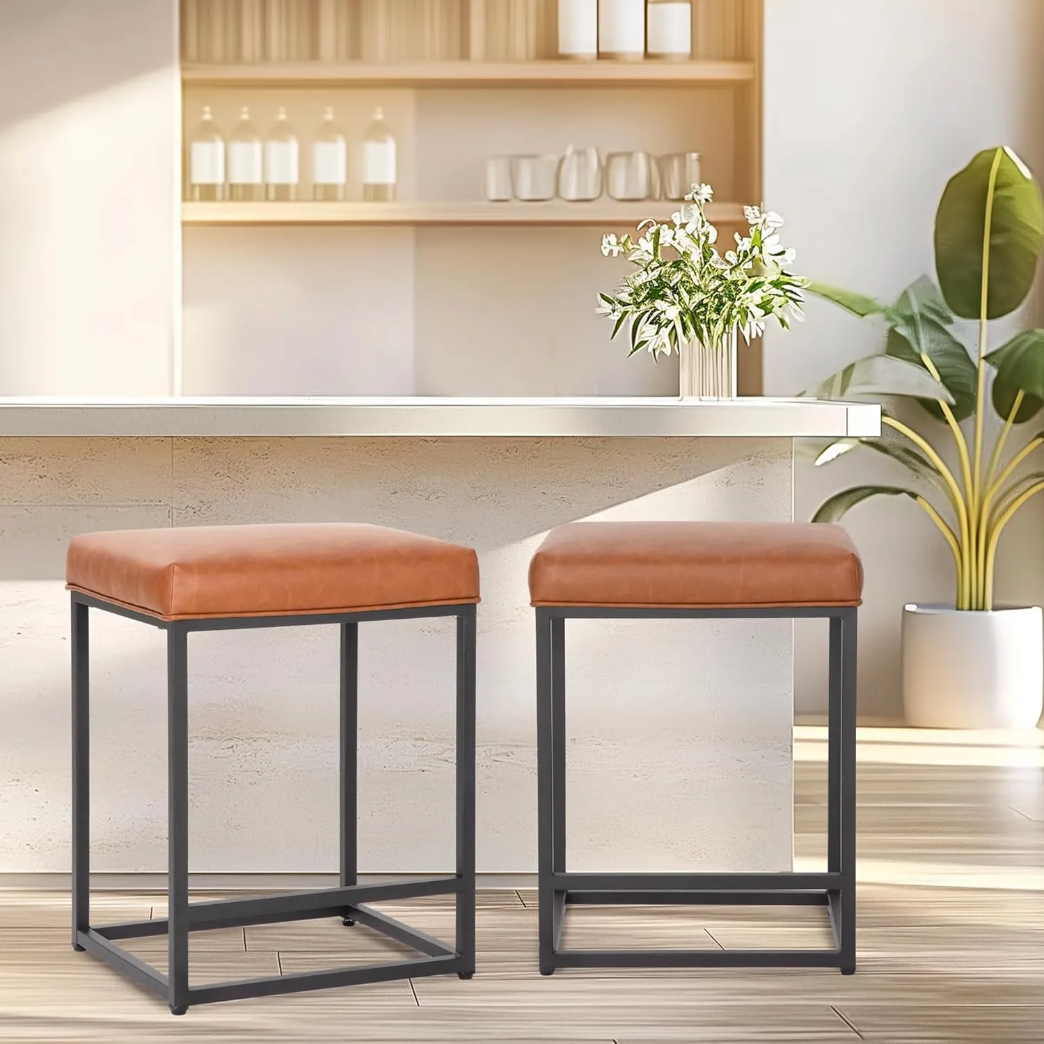 ALPHA HOME 24 Inch Counter Height Bar Stools Set of 2, Upholstered Bar Stools for Kitchen Island, Counter Stools with Faux Leather Cushion and Sturdy Metal Frame, Modern Barstools, Caramel