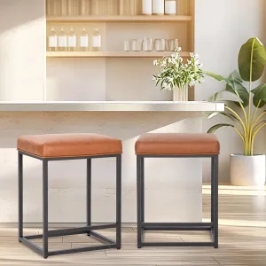 ALPHA HOME 24 Inch Counter Height Bar Stools Set of 2, Upholstered Bar Stools for Kitchen Island, Counter Stools with Faux Leather Cushion and Sturdy Metal Frame, Modern Barstools, Caramel