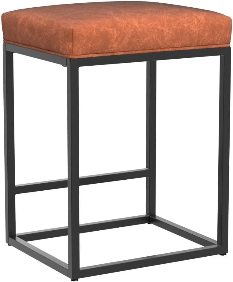 ALPHA HOME 24 Inch Counter Height Bar Stools Set of 2, Upholstered Bar Stools for Kitchen Island, Counter Stools with Faux Leather Cushion and Sturdy Metal Frame, Modern Barstools, Caramel