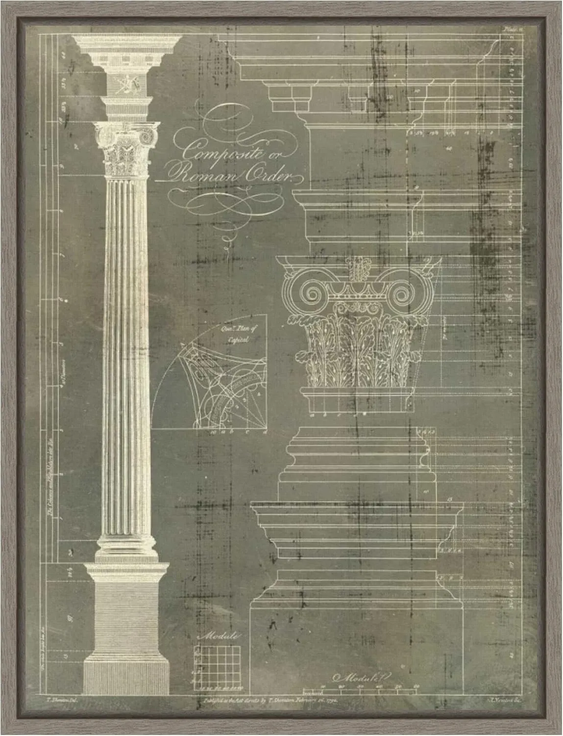 Amanti Art Framed Canvas Wall Art 24x18 Column Blueprint I by Thomas Sheraton, Framed Wall Art Canvas, Architecture Artwork, Country Rustic Decor, Medium Poster Painting for Living Room, Bedroom,