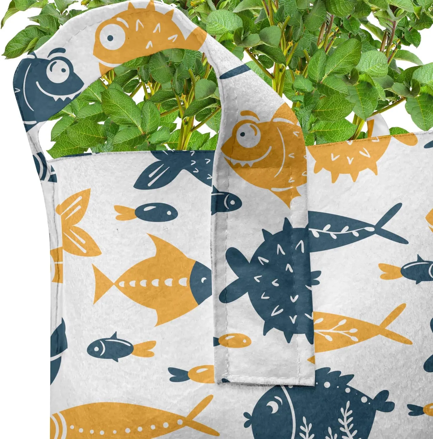 Ambesonne Nautical Grow Bags 5-Pack, Ornate Bizarre Fish Forms, Heavyduty Fabric Pots with Handles for Plants, Orange Dark Teal White