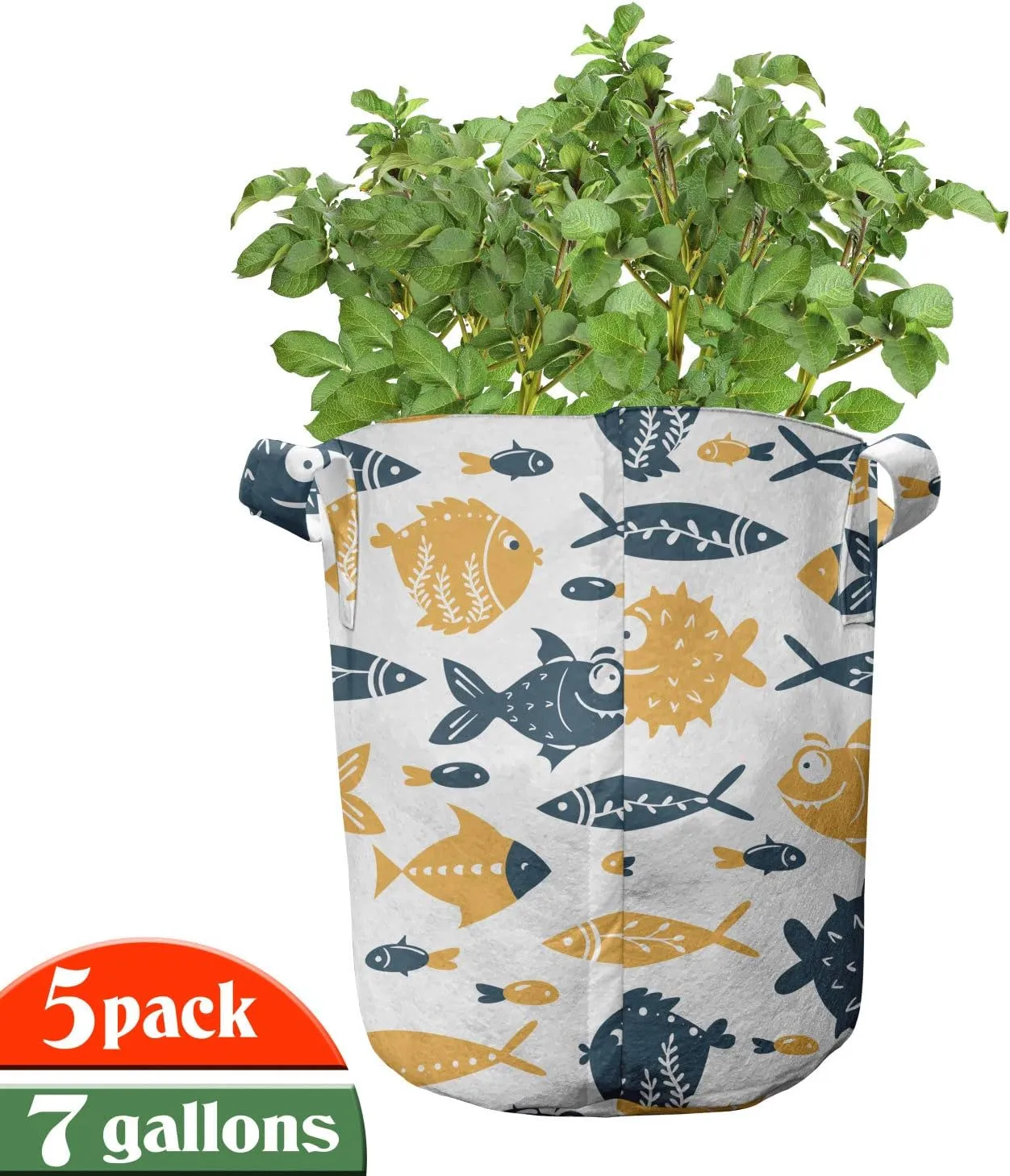 Ambesonne Nautical Grow Bags 5-Pack, Ornate Bizarre Fish Forms, Heavyduty Fabric Pots with Handles for Plants, Orange Dark Teal White