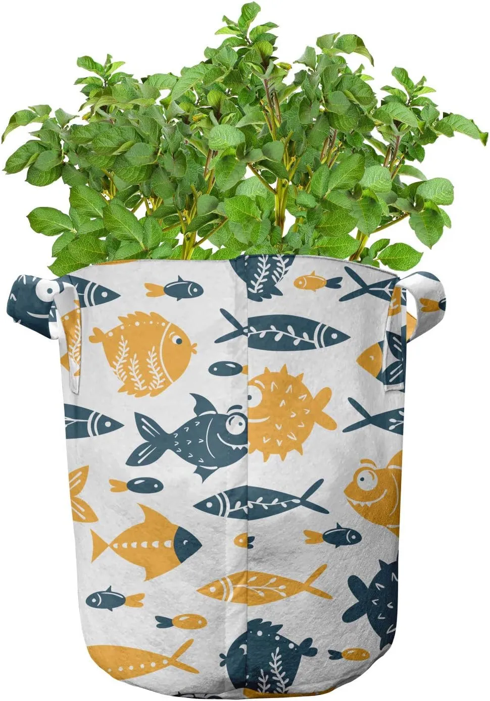 Ambesonne Nautical Grow Bags 5-Pack, Ornate Bizarre Fish Forms, Heavyduty Fabric Pots with Handles for Plants, Orange Dark Teal White