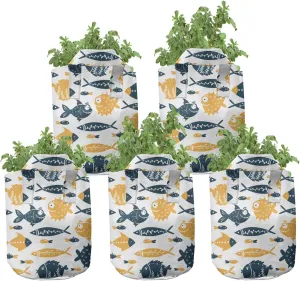 Ambesonne Nautical Grow Bags 5-Pack, Ornate Bizarre Fish Forms, Heavyduty Fabric Pots with Handles for Plants, Orange Dark Teal White
