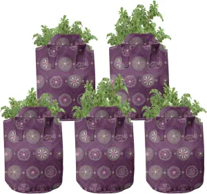 Ambesonne Oriental Grow Bags 5-Pack, Flourish Ornate, Heavyduty Fabric Pots with Handles for Plants, Plum and Multicolor