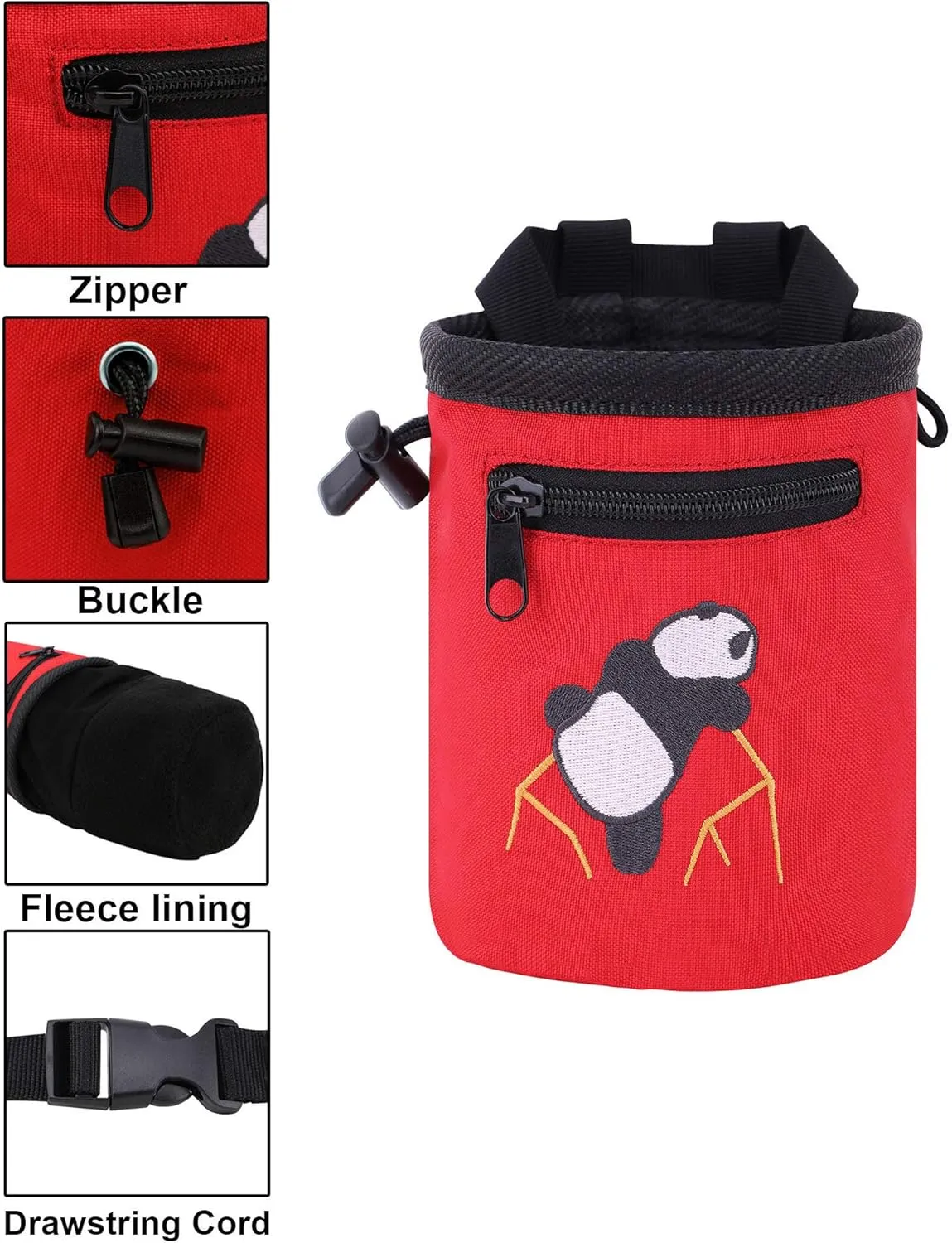 AMC Rock Climbing Panda Embroidered Chalk Bag with Zipper Pocket