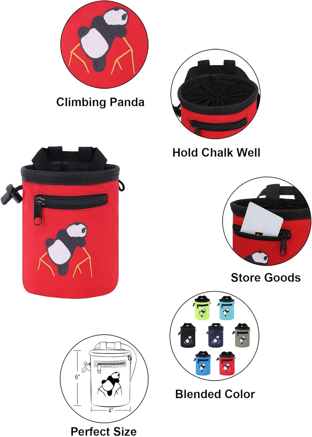 AMC Rock Climbing Panda Embroidered Chalk Bag with Zipper Pocket