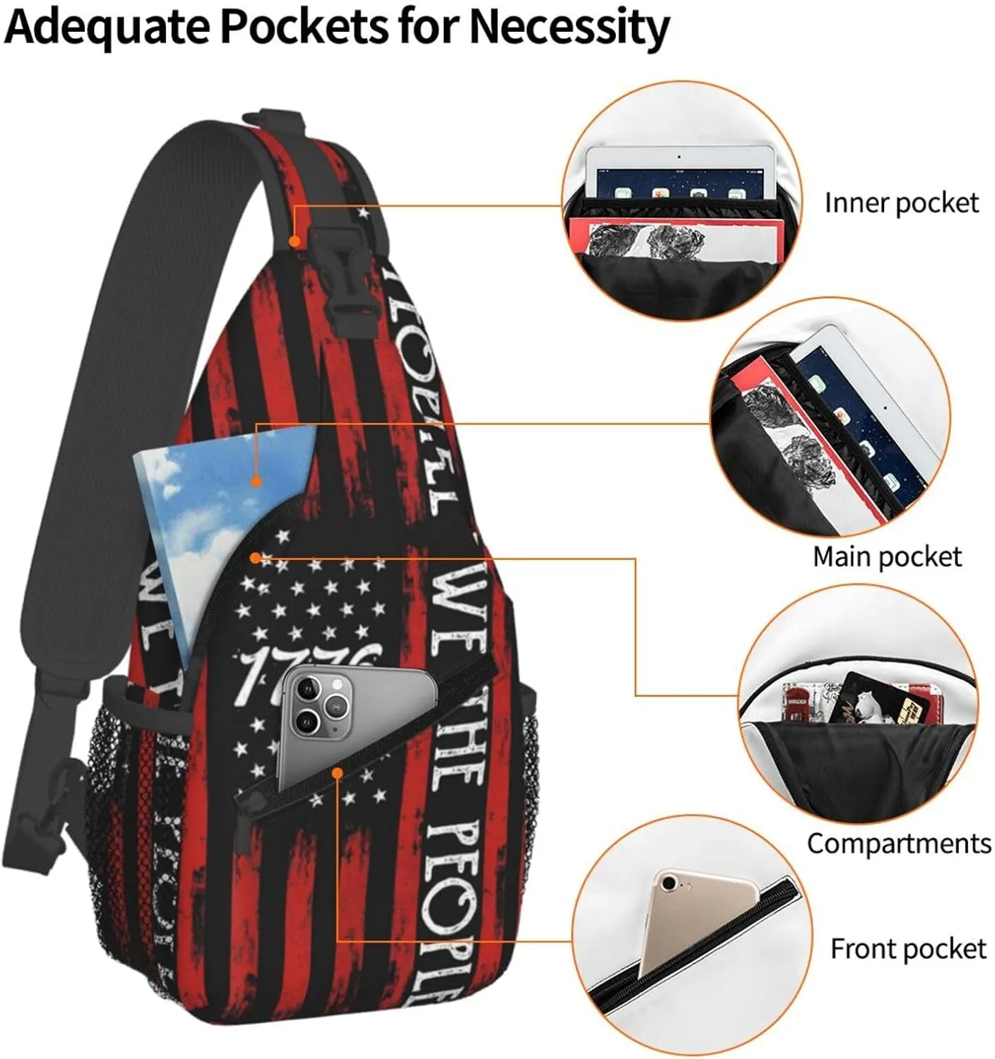 America Independence Day 1776 American Flag We The People Chest Sling Bag Crossbody Shoulder Backpack Bag Gym Cycling Daypack Travel Hiking Cross Bag