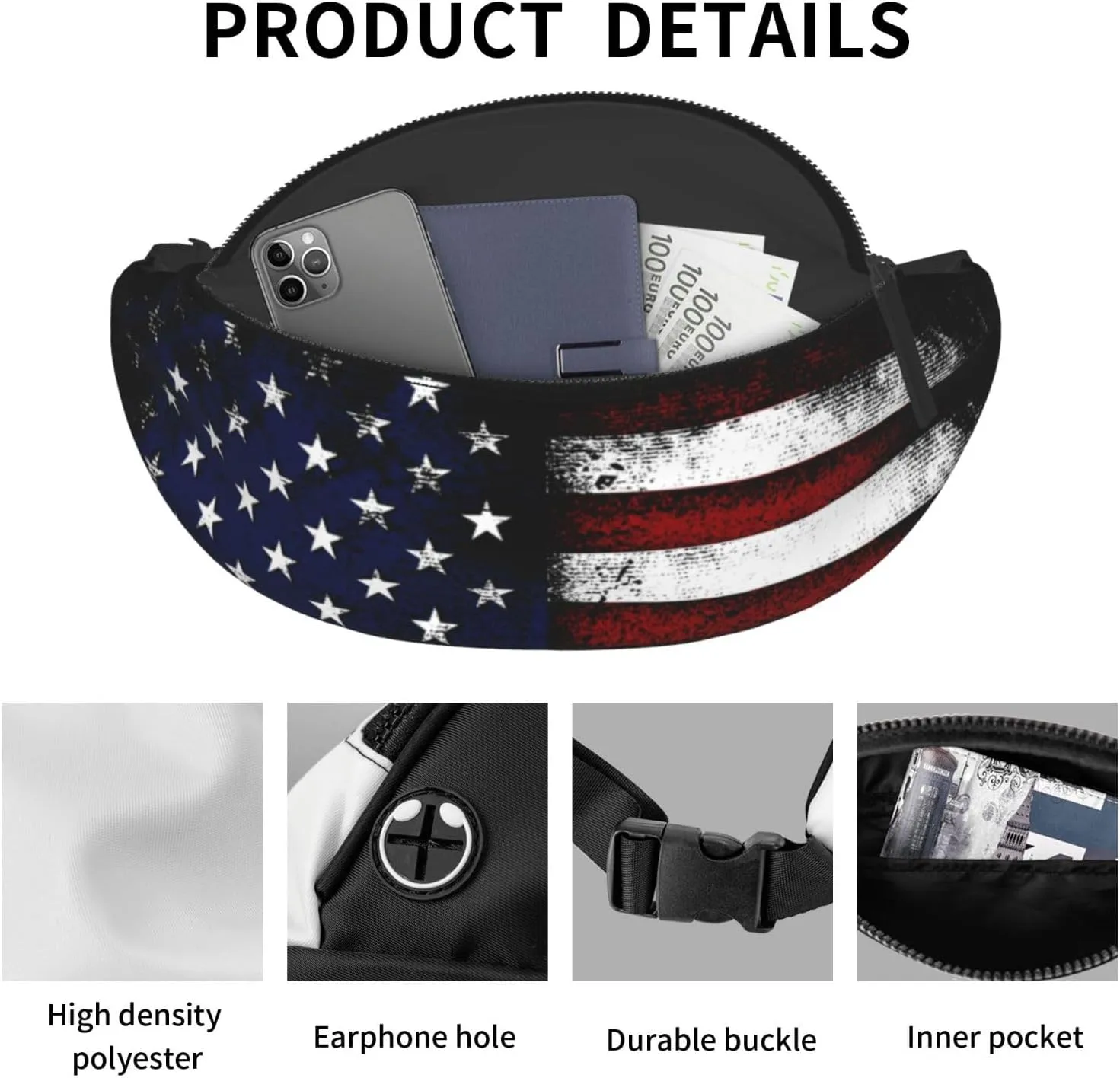 American Flag Fanny Pack Waist Bag Adjustable Belt Bag For Men Women Traveling Hiking Cycling Running