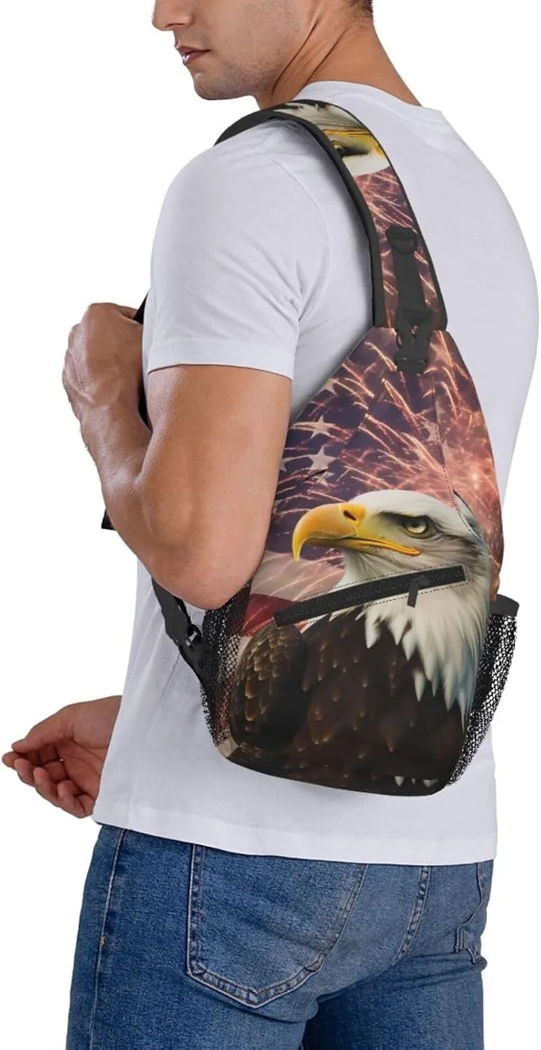 American Flag Sling Bag for Women Men, Firework Eagle Adjustable Rope Crossbody Single Shoulder Bag for Travel Hiking Cycling Gift