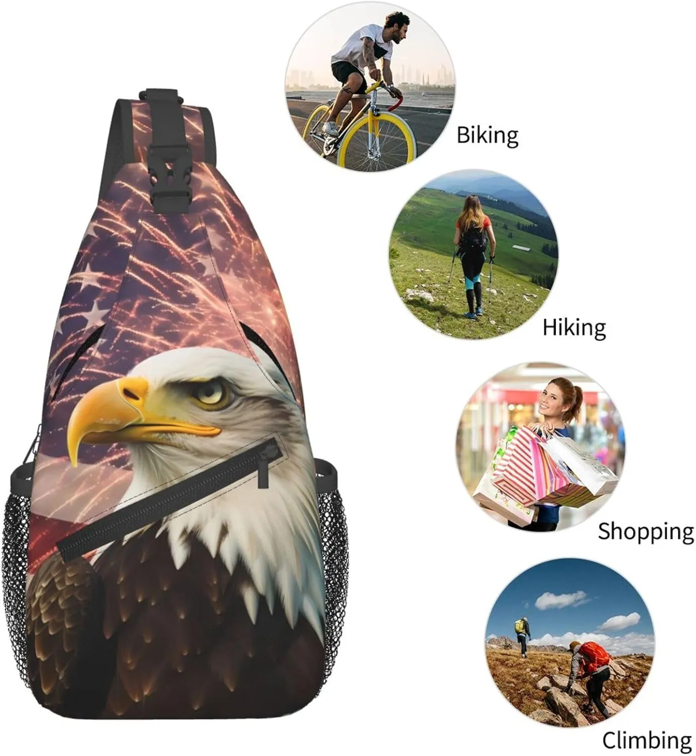 American Flag Sling Bag for Women Men, Firework Eagle Adjustable Rope Crossbody Single Shoulder Bag for Travel Hiking Cycling Gift