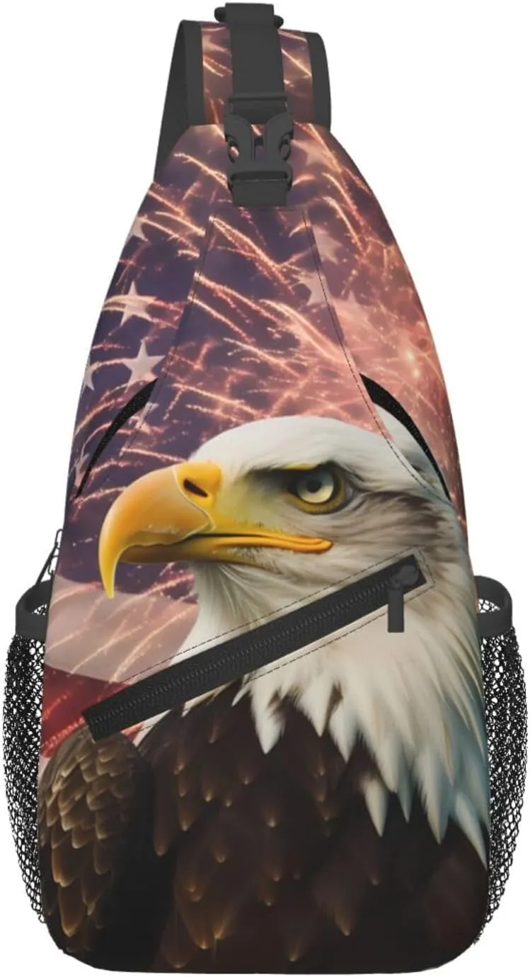 American Flag Sling Bag for Women Men, Firework Eagle Adjustable Rope Crossbody Single Shoulder Bag for Travel Hiking Cycling Gift