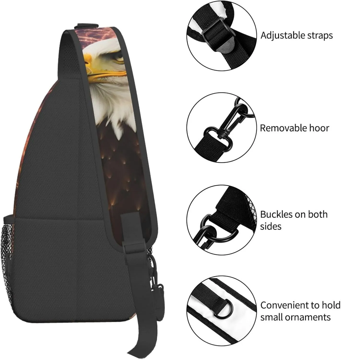 American Flag Sling Bag for Women Men, Firework Eagle Adjustable Rope Crossbody Single Shoulder Bag for Travel Hiking Cycling Gift