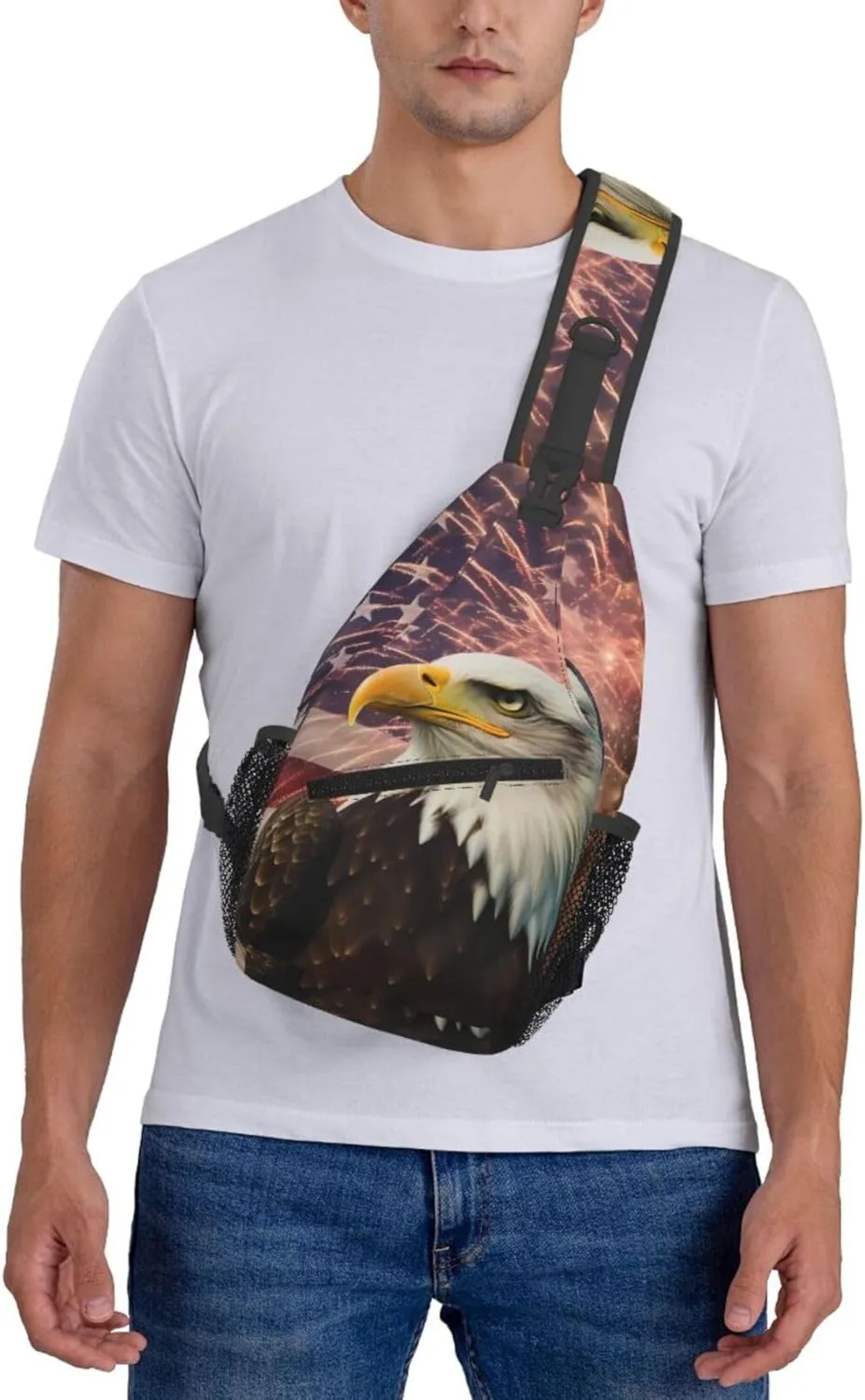 American Flag Sling Bag for Women Men, Firework Eagle Adjustable Rope Crossbody Single Shoulder Bag for Travel Hiking Cycling Gift