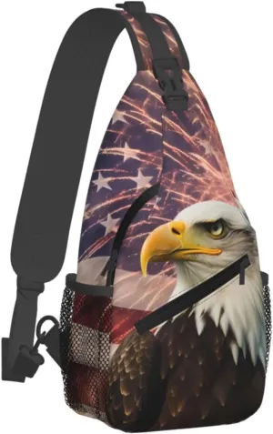 American Flag Sling Bag for Women Men, Firework Eagle Adjustable Rope Crossbody Single Shoulder Bag for Travel Hiking Cycling Gift