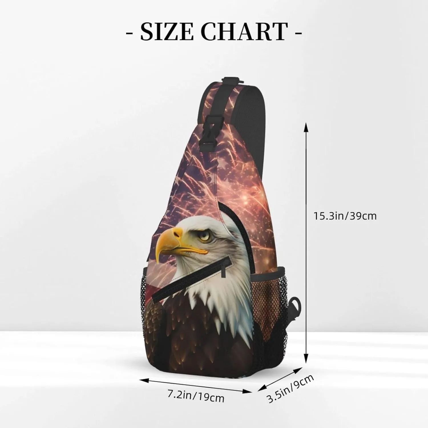 American Flag Sling Bag for Women Men, Firework Eagle Adjustable Rope Crossbody Single Shoulder Bag for Travel Hiking Cycling Gift