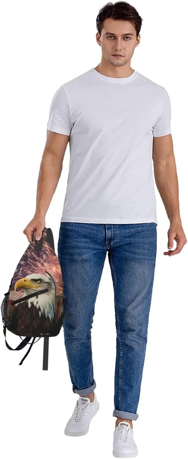 American Flag Sling Bag for Women Men, Firework Eagle Adjustable Rope Crossbody Single Shoulder Bag for Travel Hiking Cycling Gift