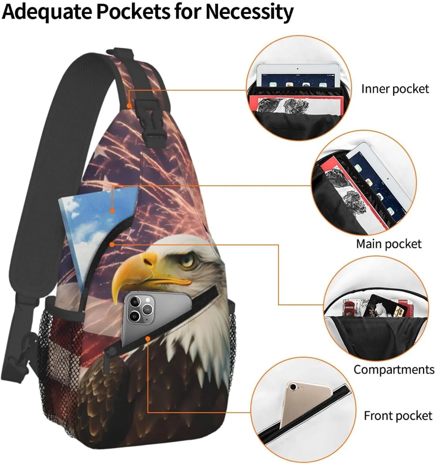 American Flag Sling Bag for Women Men, Firework Eagle Adjustable Rope Crossbody Single Shoulder Bag for Travel Hiking Cycling Gift