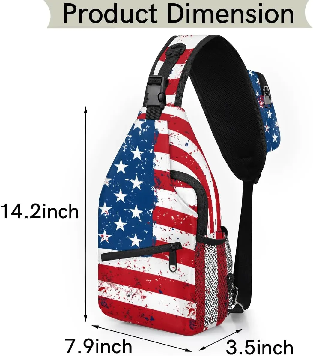 American Flag Sling Bag for Women Men Patriotic Crossbody Shoulder Bags for Women Hiking Chest Daypack One Strap Sling Backpack Waterproof Travel Patriotic Sling Bag