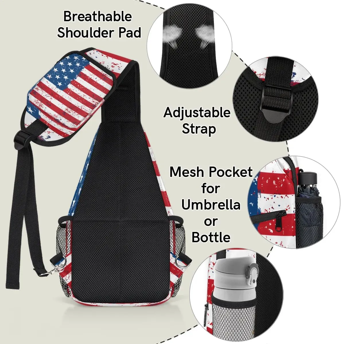 American Flag Sling Bag for Women Men Patriotic Crossbody Shoulder Bags for Women Hiking Chest Daypack One Strap Sling Backpack Waterproof Travel Patriotic Sling Bag