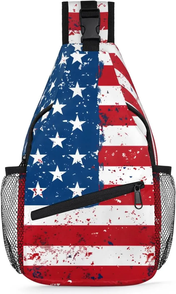 American Flag Sling Bag for Women Men Patriotic Crossbody Shoulder Bags for Women Hiking Chest Daypack One Strap Sling Backpack Waterproof Travel Patriotic Sling Bag