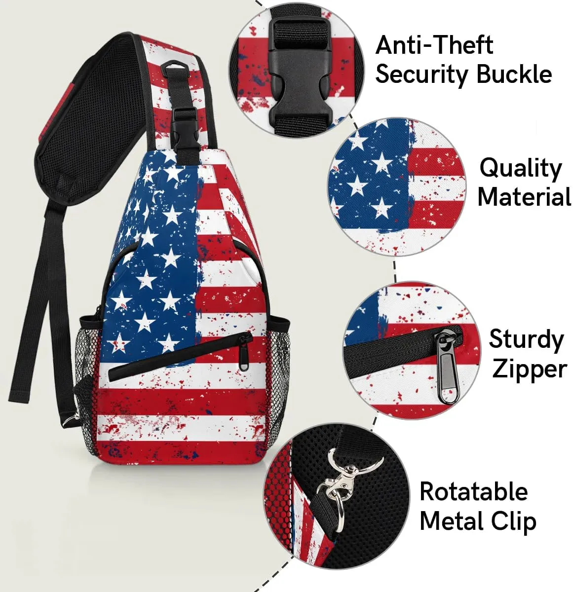 American Flag Sling Bag for Women Men Patriotic Crossbody Shoulder Bags for Women Hiking Chest Daypack One Strap Sling Backpack Waterproof Travel Patriotic Sling Bag