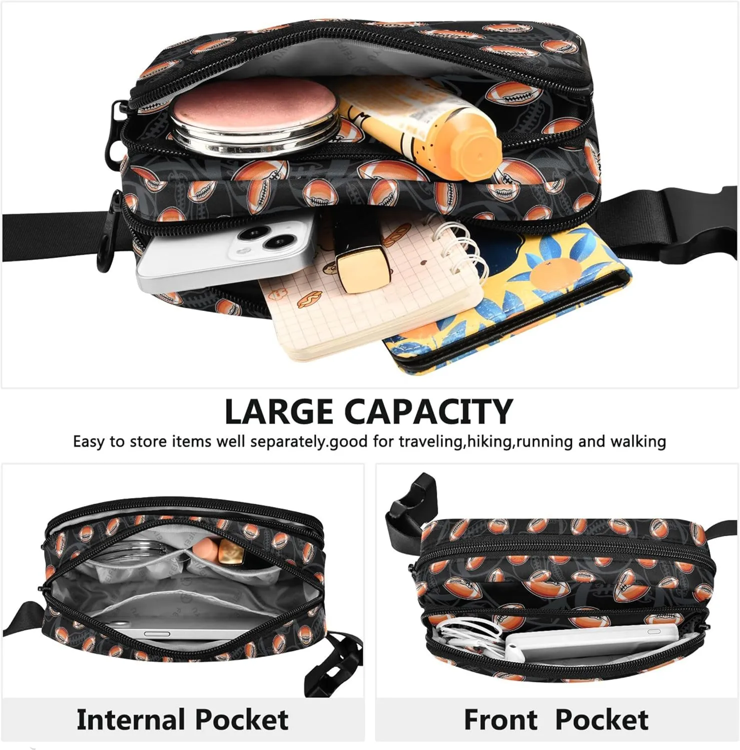 American Football Black Women Fanny Packs Waterproof Belt Bags Hip Pack Cute Crossbody Waist Purse