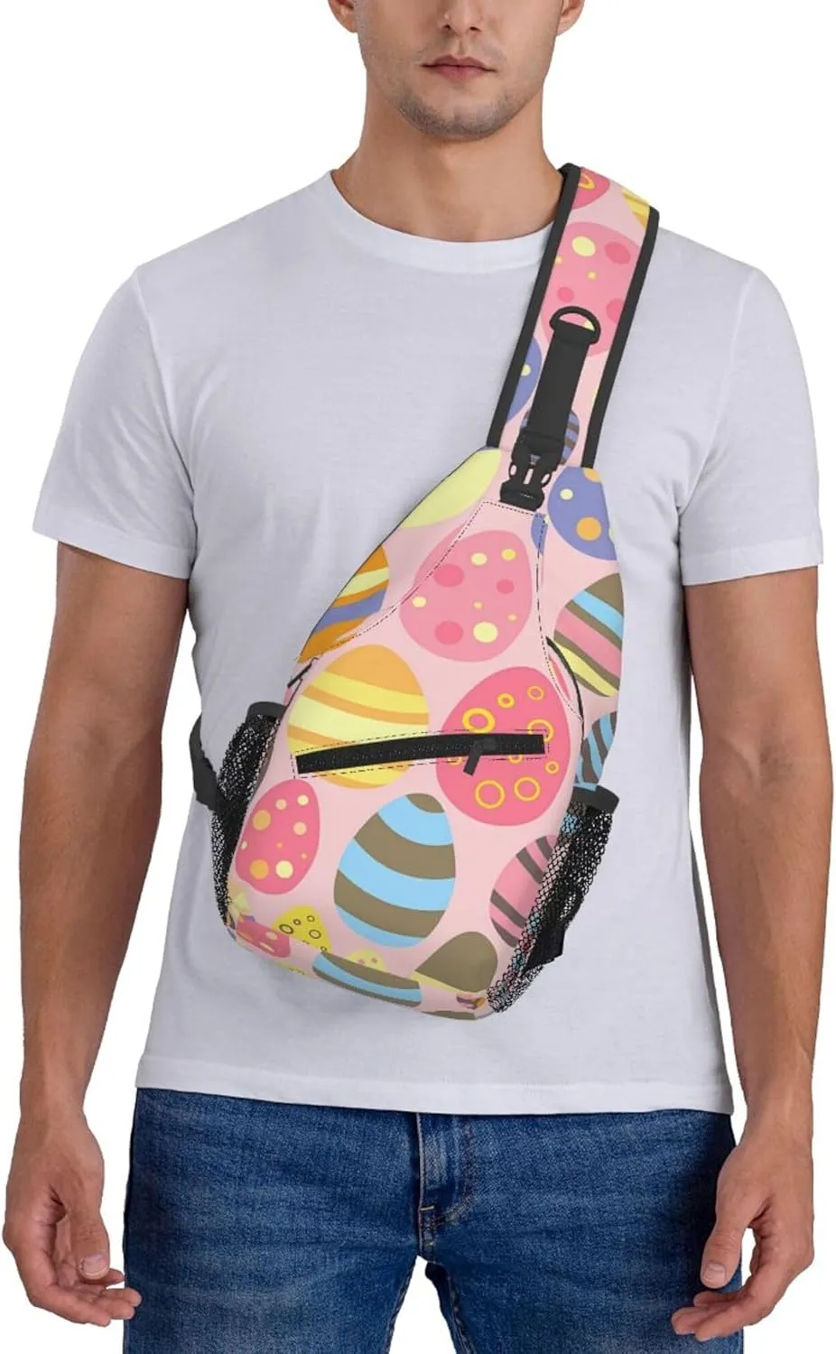 AMRANDOM Pink Colorful Easter Eggs Crossbody Bags for Women Men Sling Backpack Casual Chest Bag with Shoulder Strap