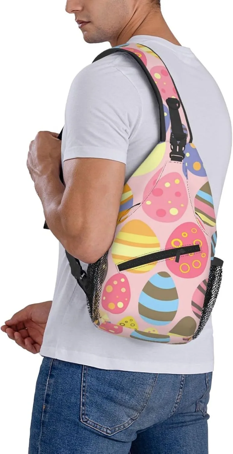 AMRANDOM Pink Colorful Easter Eggs Crossbody Bags for Women Men Sling Backpack Casual Chest Bag with Shoulder Strap