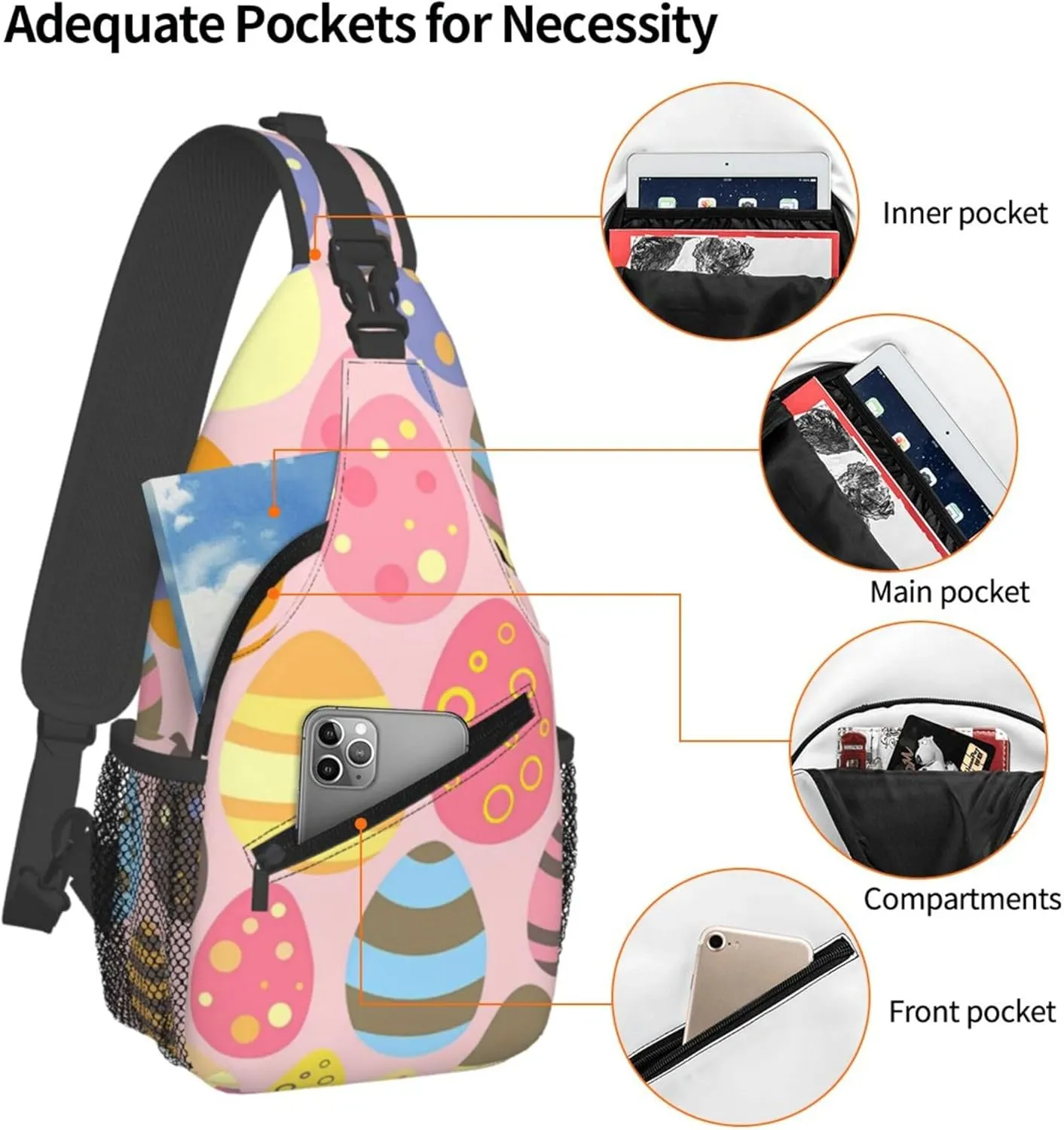 AMRANDOM Pink Colorful Easter Eggs Crossbody Bags for Women Men Sling Backpack Casual Chest Bag with Shoulder Strap