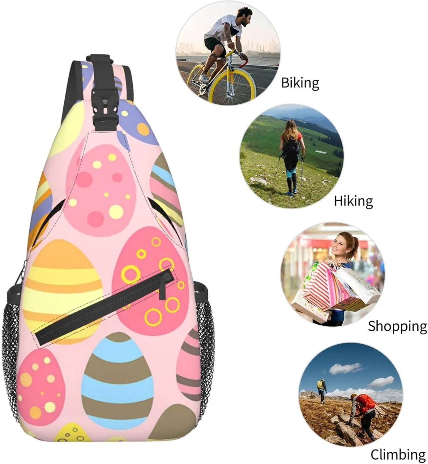 AMRANDOM Pink Colorful Easter Eggs Crossbody Bags for Women Men Sling Backpack Casual Chest Bag with Shoulder Strap