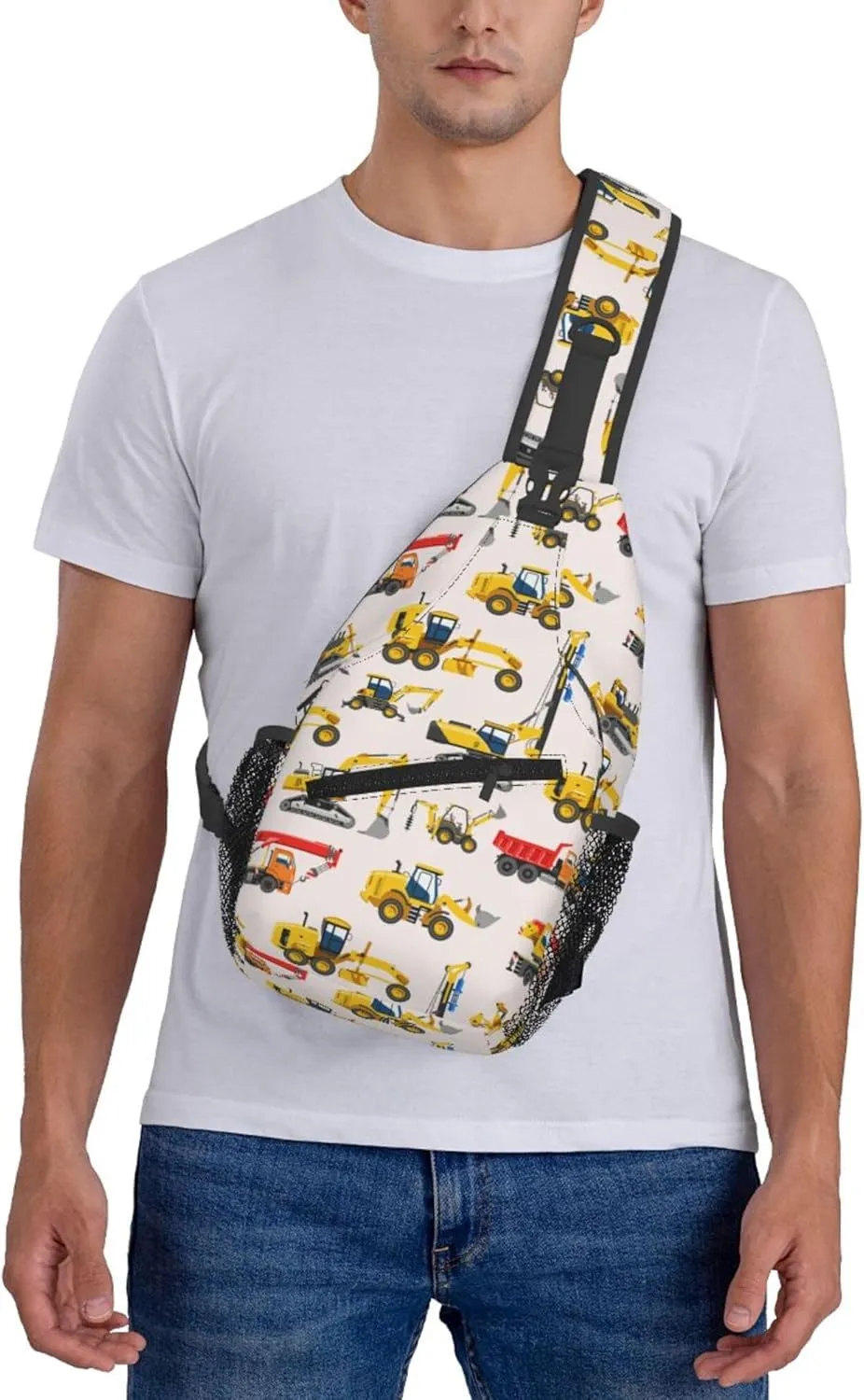AMRANDOM Small Sling Backpack Crossbody Sling Bag construction bulldozer Excavator Chest Bag Daypack for Outdoors Hiking Travel