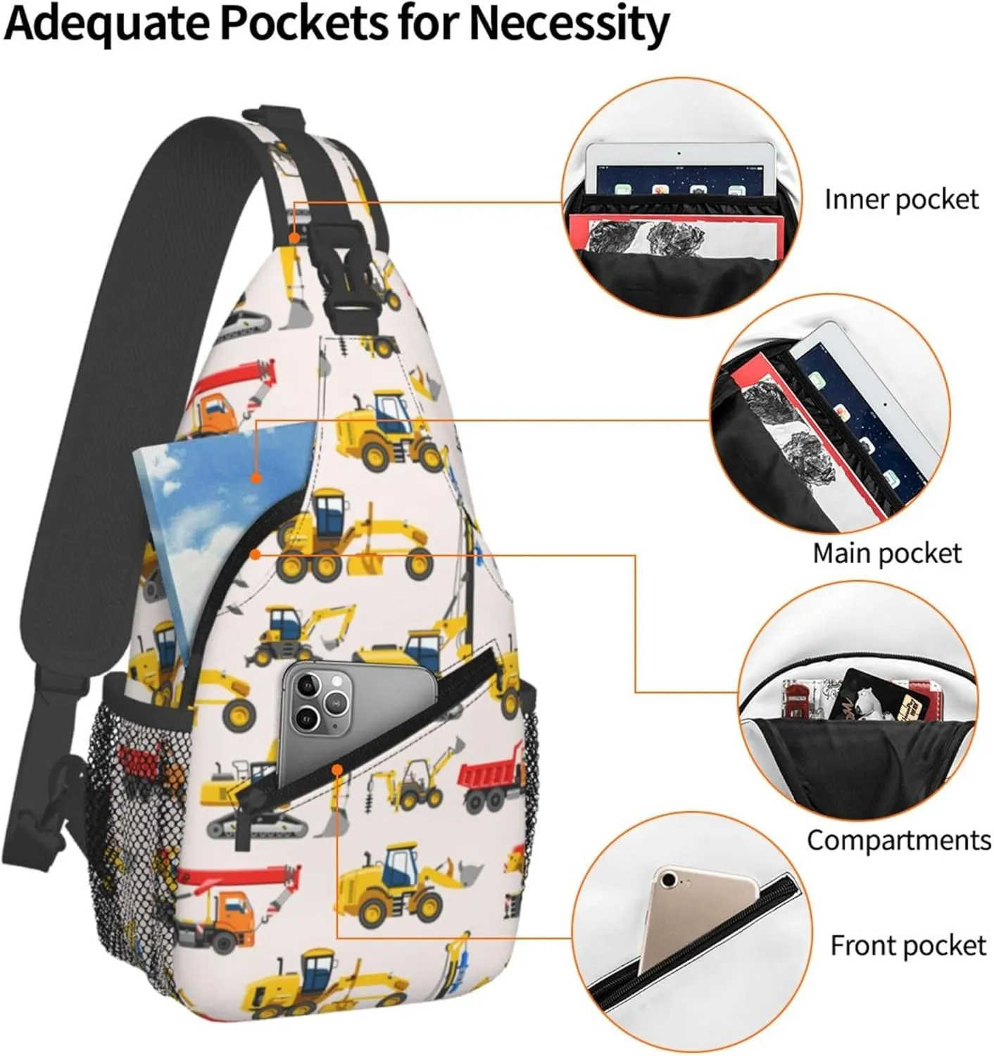 AMRANDOM Small Sling Backpack Crossbody Sling Bag construction bulldozer Excavator Chest Bag Daypack for Outdoors Hiking Travel