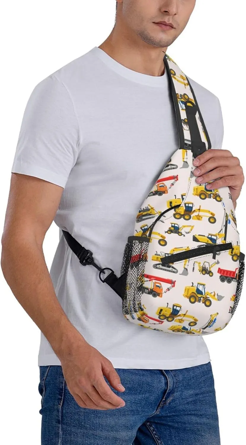 AMRANDOM Small Sling Backpack Crossbody Sling Bag construction bulldozer Excavator Chest Bag Daypack for Outdoors Hiking Travel