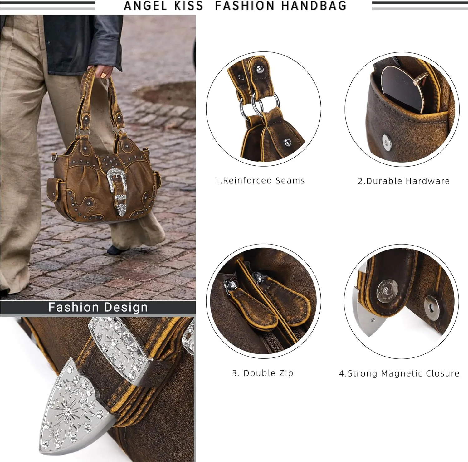 Angel Kiss Hobo Bags for Women Vegan Leather Purses and Handbags Ladies Chic Shoulder Bags Crossbody Purses with Metal Studs