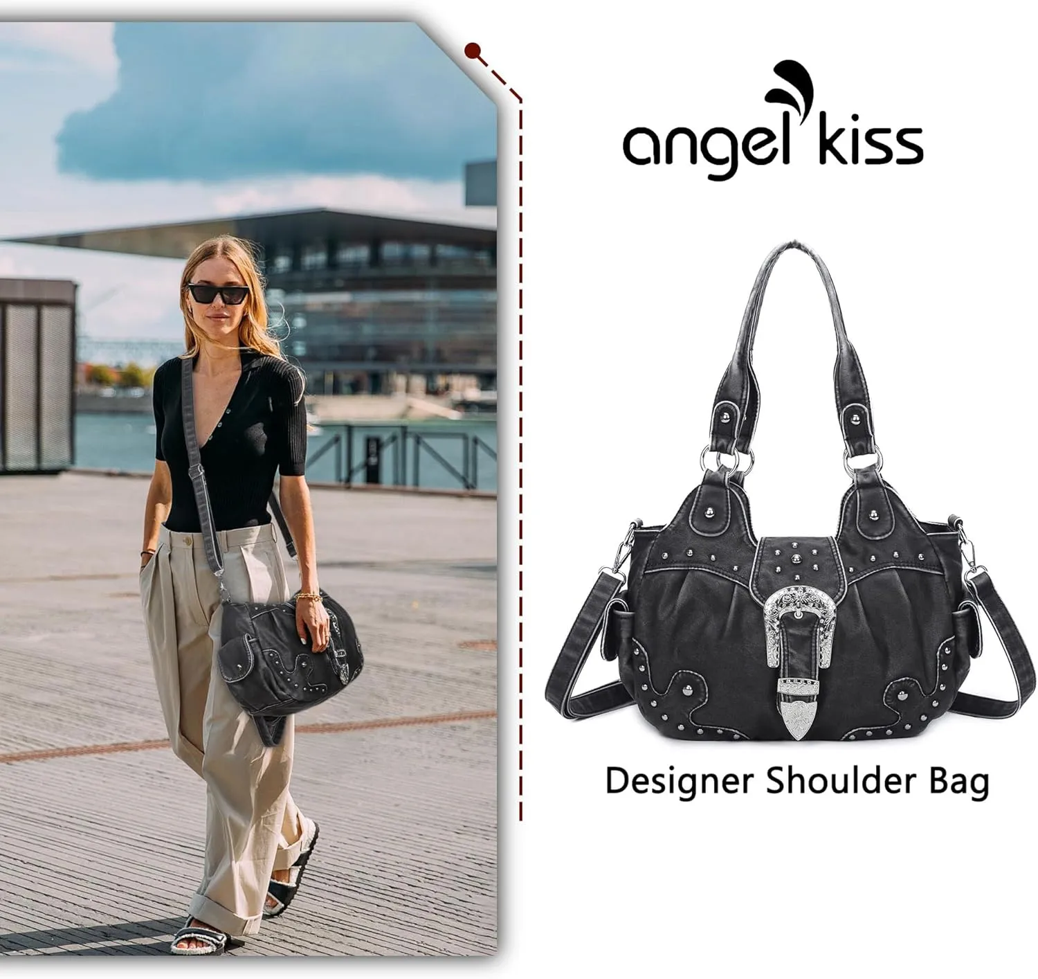 Angel Kiss Hobo Bags for Women Vegan Leather Purses and Handbags Ladies Chic Shoulder Bags Crossbody Purses with Metal Studs