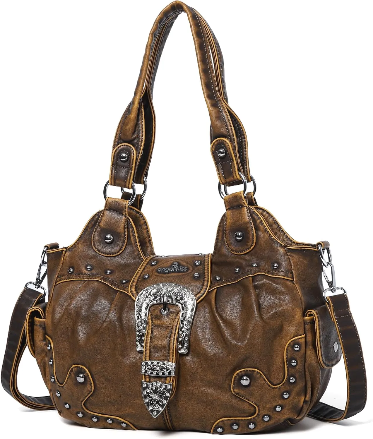 Angel Kiss Hobo Bags for Women Vegan Leather Purses and Handbags Ladies Chic Shoulder Bags Crossbody Purses with Metal Studs