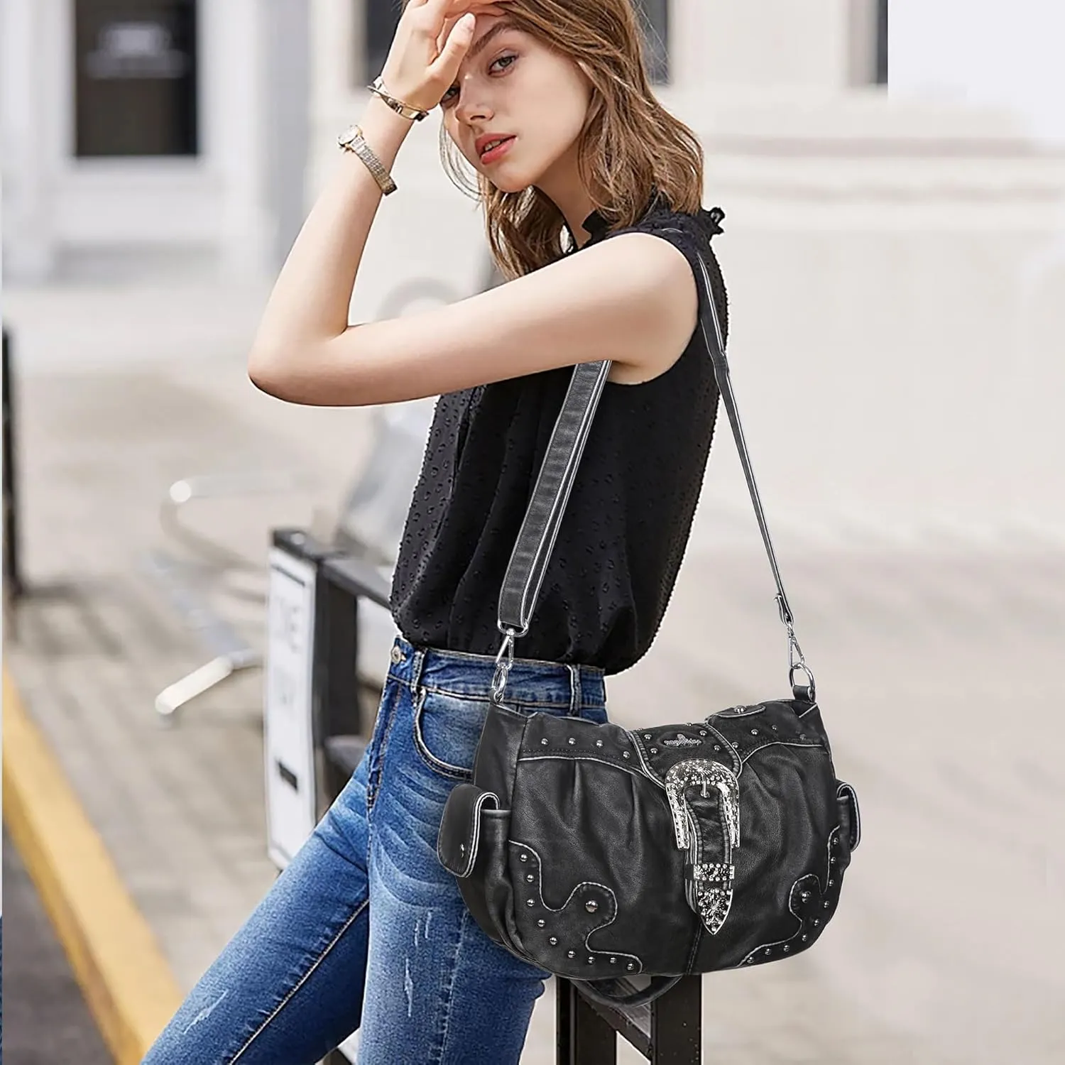 Angel Kiss Hobo Bags for Women Vegan Leather Purses and Handbags Ladies Chic Shoulder Bags Crossbody Purses with Metal Studs