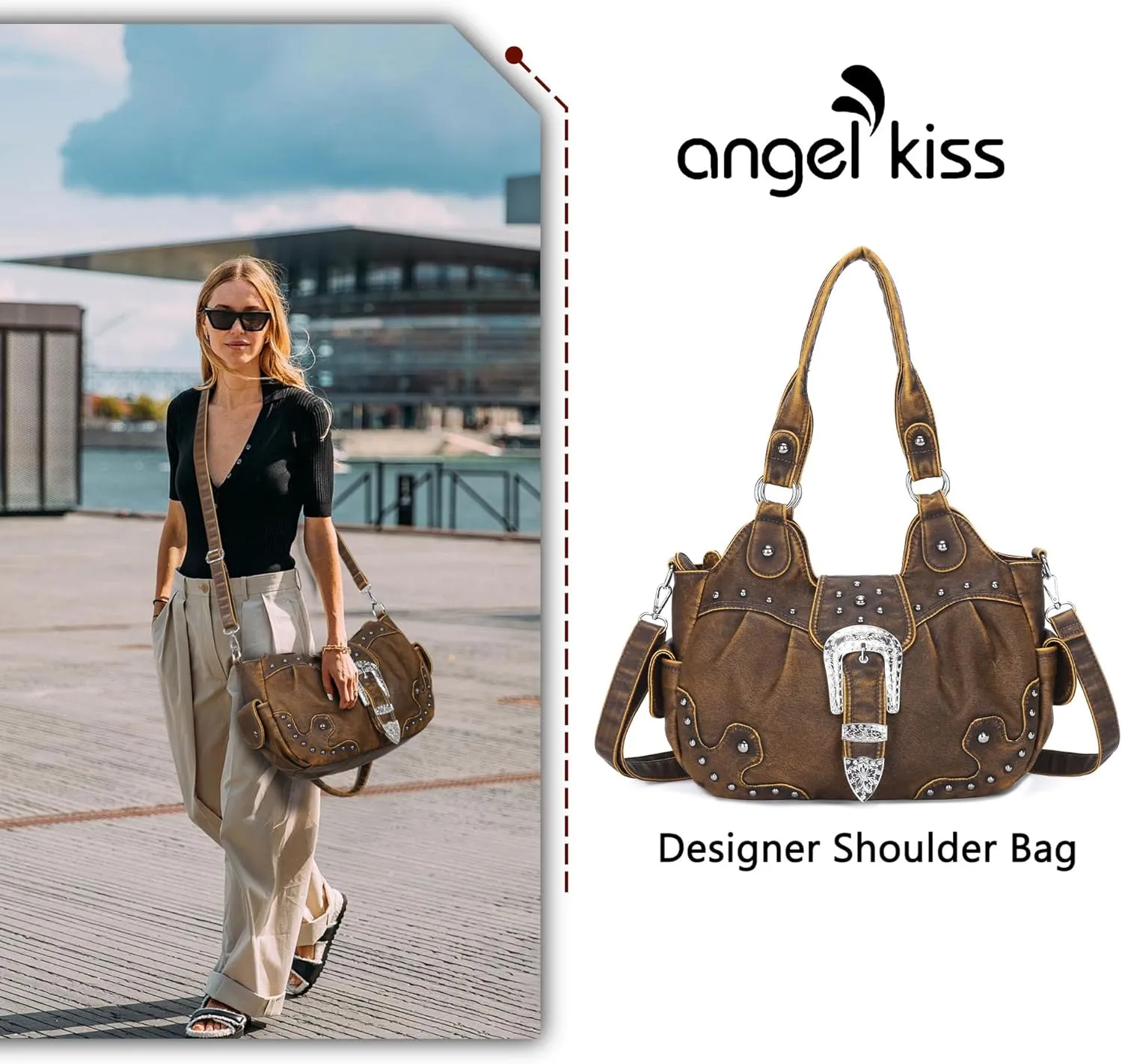Angel Kiss Hobo Bags for Women Vegan Leather Purses and Handbags Ladies Chic Shoulder Bags Crossbody Purses with Metal Studs