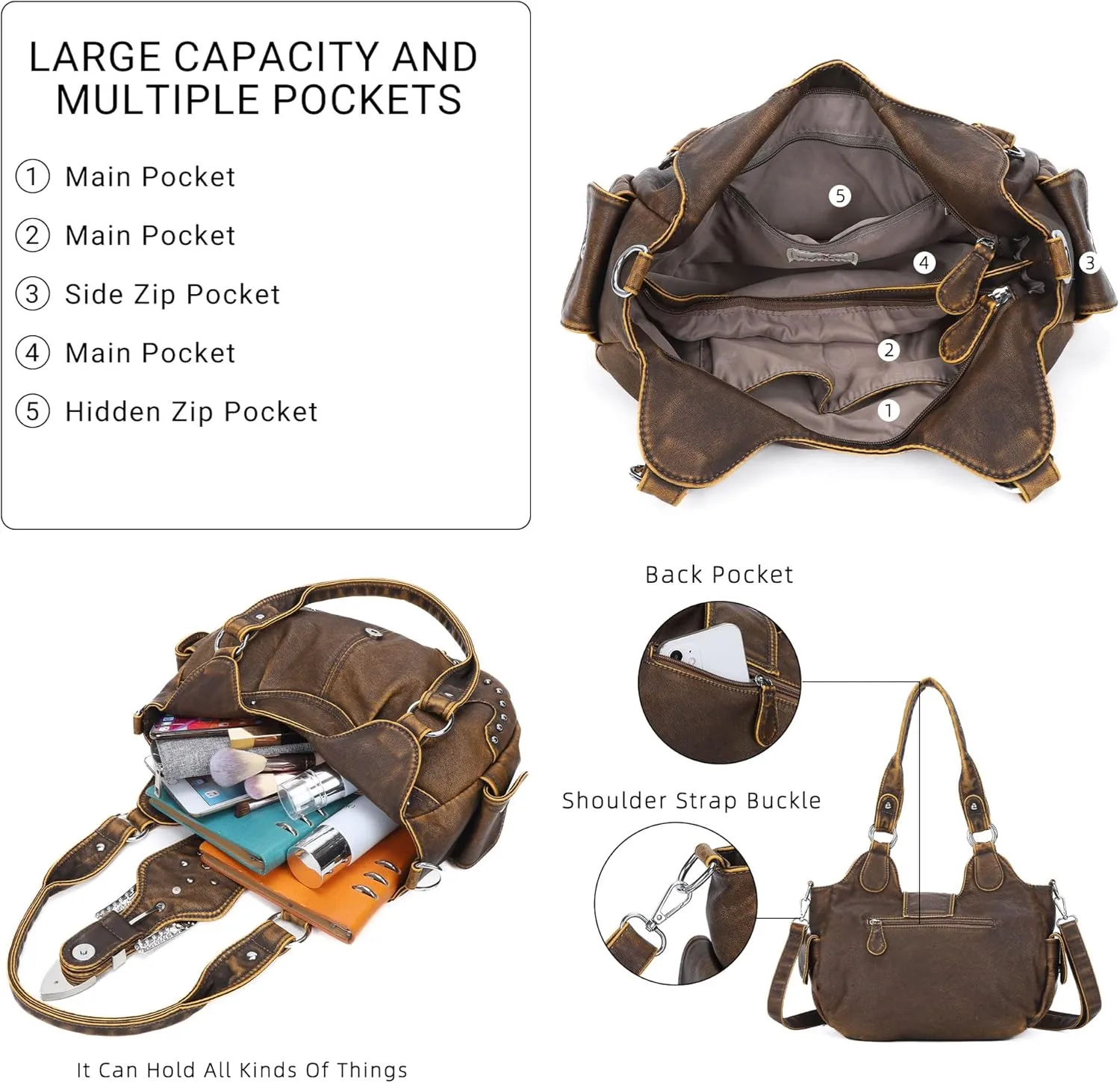 Angel Kiss Hobo Bags for Women Vegan Leather Purses and Handbags Ladies Chic Shoulder Bags Crossbody Purses with Metal Studs