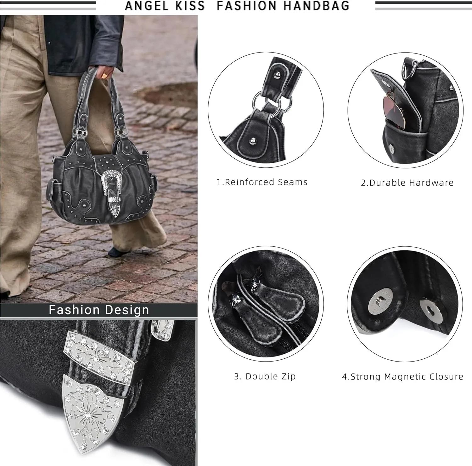Angel Kiss Hobo Bags for Women Vegan Leather Purses and Handbags Ladies Chic Shoulder Bags Crossbody Purses with Metal Studs