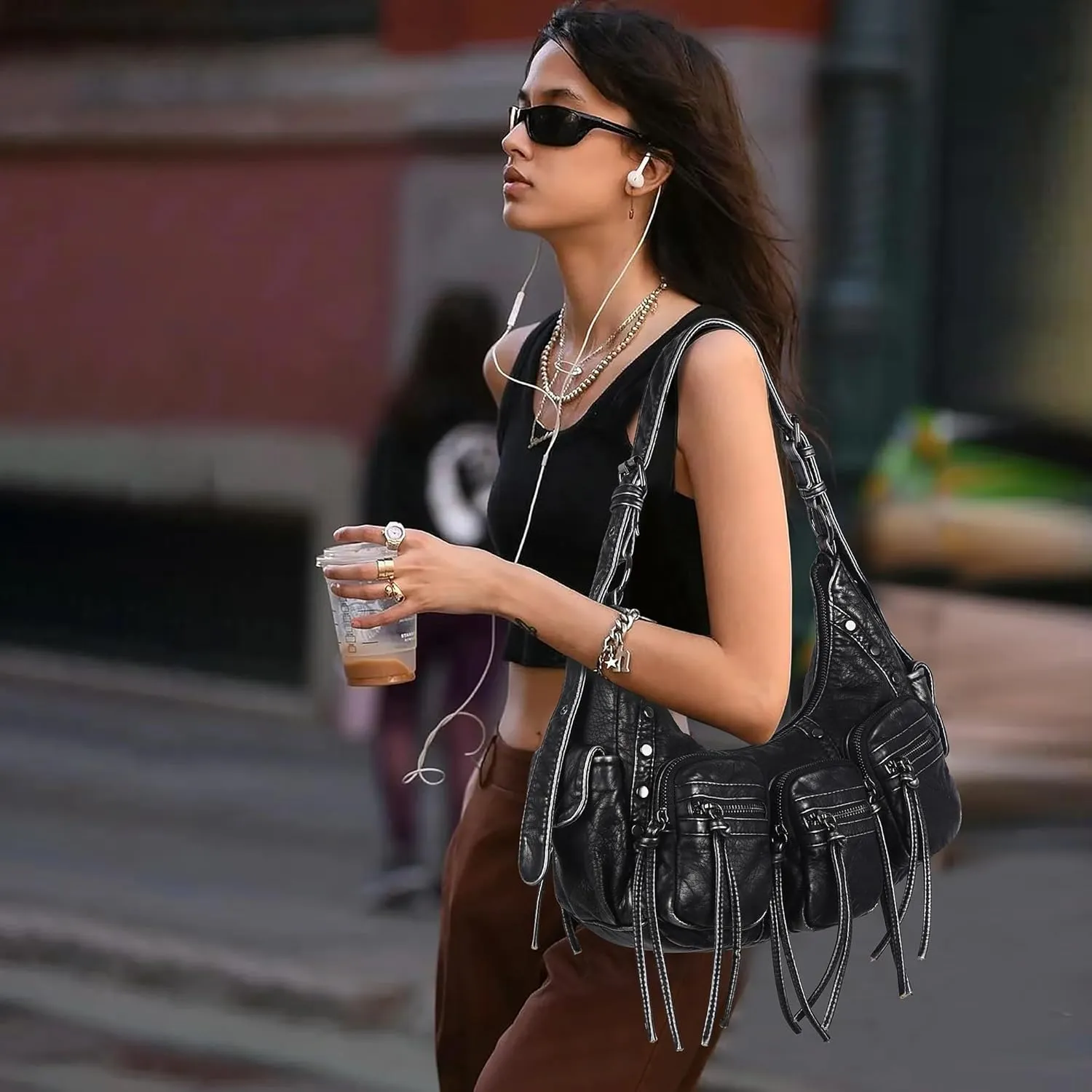 Angel Kiss Hobo Bags Purse for Women Y2K Shoulder Bag Multi Pockets Designer Satchel Studded Handbags with Strap