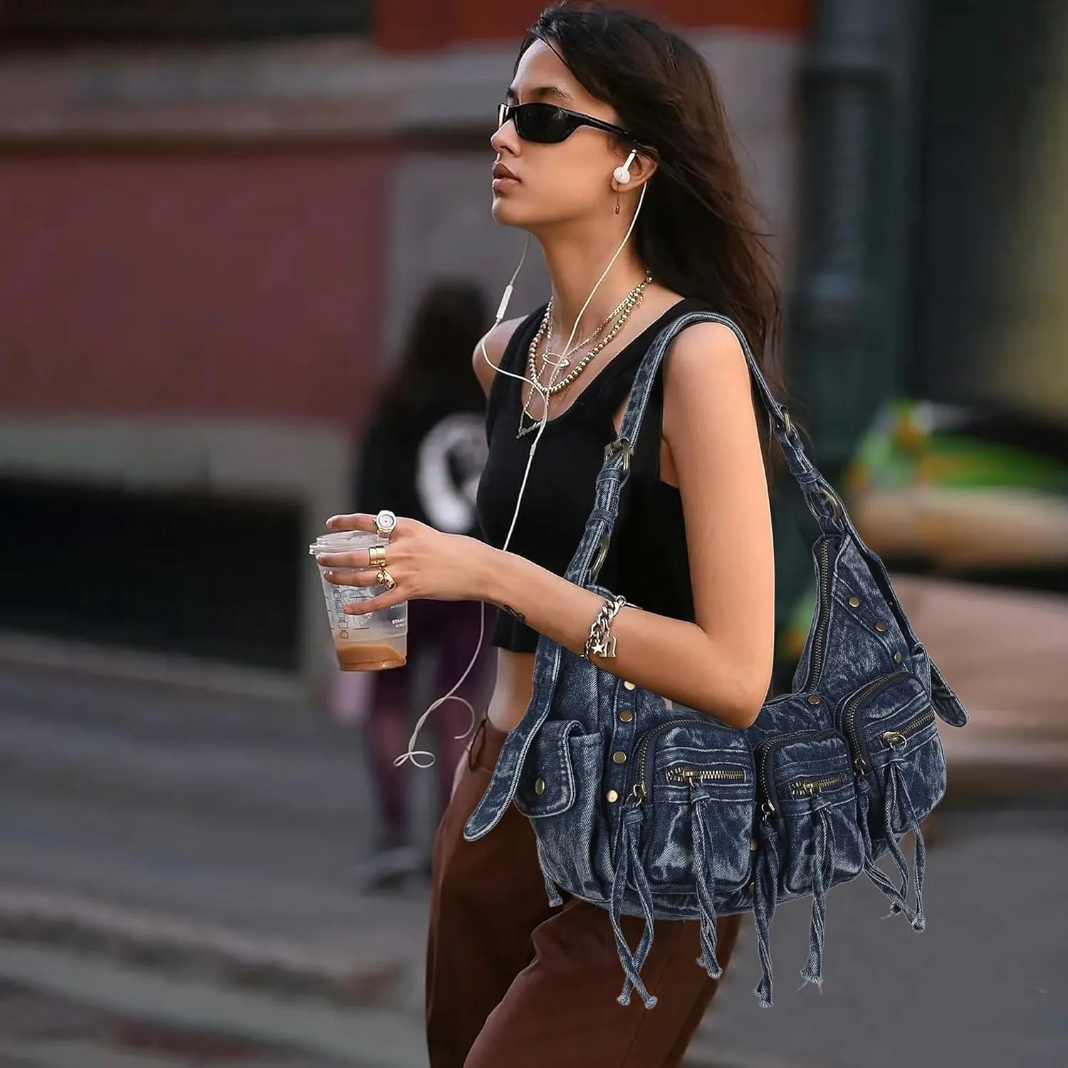 Angel Kiss Hobo Bags Purse for Women Y2K Shoulder Bag Multi Pockets Designer Satchel Studded Handbags with Strap